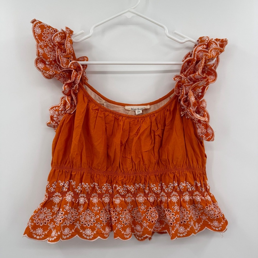 Blue Tassel Crop Top Women Small Orange Eyelet Ruffle Lined